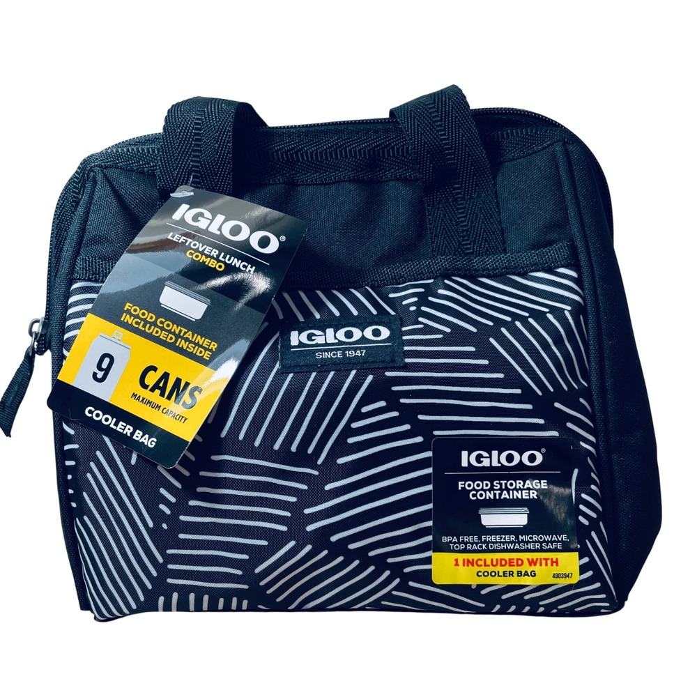 Igloo Leftover Lunch Combo 9 Can Cooler Bag with 7 Cup Container Black White